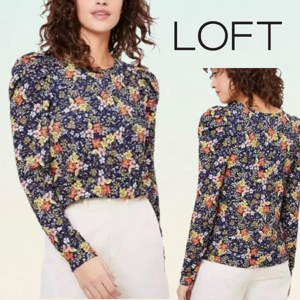 Floral Puff Sleeve Navy Blue and Orange Blouse XS EUC - Cottagecore Charm